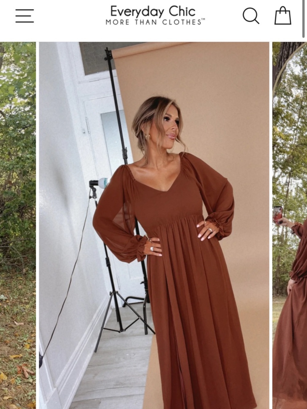 Rust Brown Maxi Dress with V-Neck and Long Sleeves